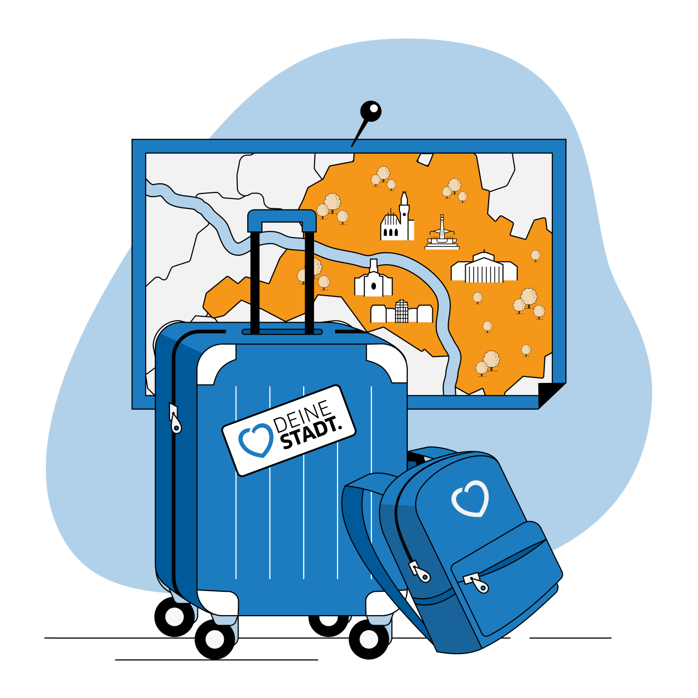 A suitcase and a bag with a city map in the background